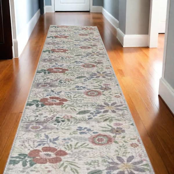 10 Cream Floral Washable Runner Rug