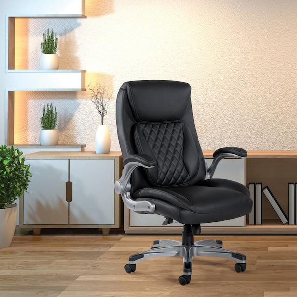 Office Star Products Bonded Leather Seat Adjustable Height, Swivel, Reclining, Rolling Ergonomic Executive Chair in Black with Flip Arms