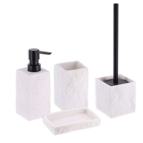 White 4-Piece Bathroom Accessory Set, Embossed Powder Blue Leaf and Branch  Pattern Includes Pump Dispenser, Tumbler, Toothbrush Holder, Soap Dish