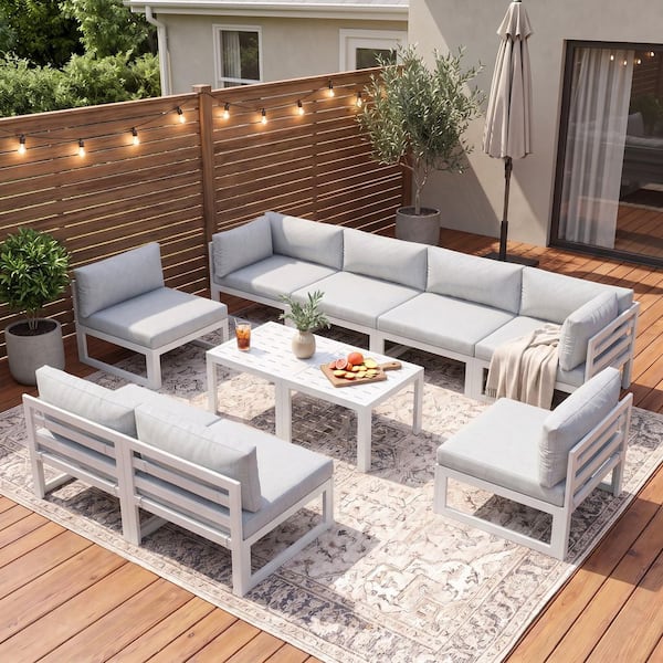 Modern 10-Piece White Aluminum Outdoor Patio Conversation Deep Seating Set with Light Gray Cushions and Coffee Tables