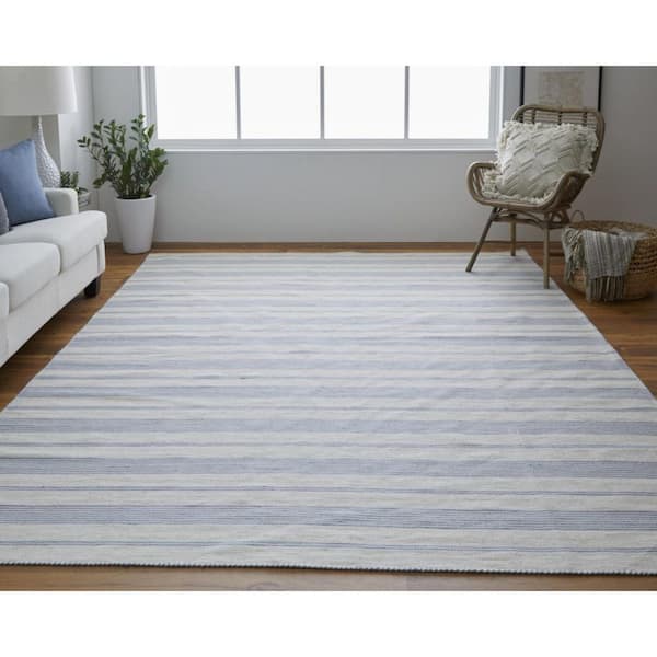 2 ft. x 8 ft. Blue, Ivory Striped Area Rug