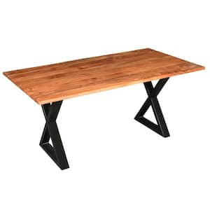 Industrial 67 in. Natural Brown and Black Acacia Wood Top Cross Legs Dining Table Seats 6