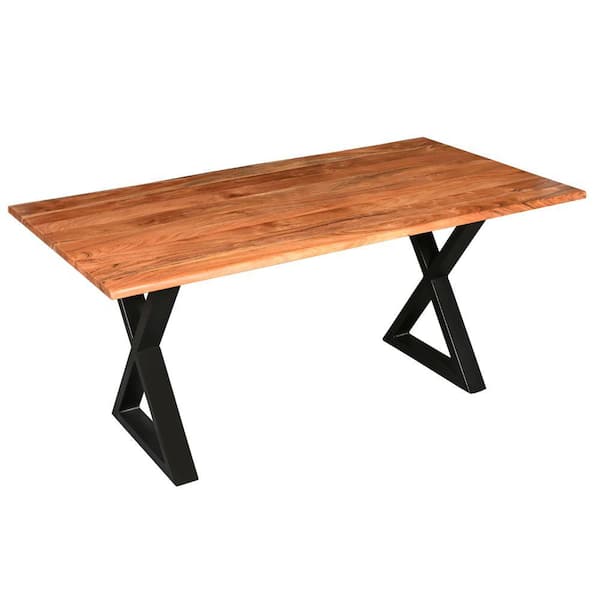 THE URBAN PORT Industrial 67 in. Natural Brown and Black Acacia Wood Top Cross Legs Dining Table Seats 6