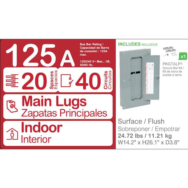 Homeline 125 Amp 20-Space 40-Circuit Indoor Main Lug plug-on neutral Electrical Panel with Cover, Ground Bar