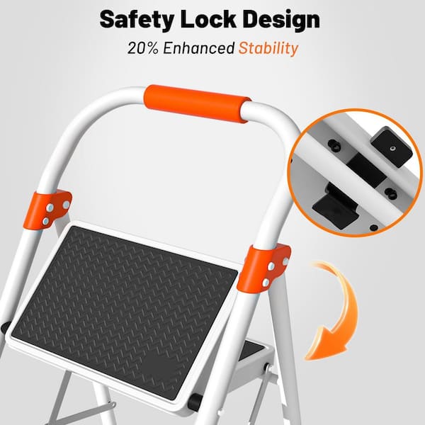 2-Step Lightweight Steel Step Stool (6 ft. Reach) 900 lbs. Load Capacity with Non-Marring Feet and Safety Lock, White