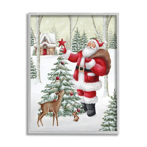 Stupell Industries Santa and Snowy Cabin by Emma Leach 1 Piece Framed Graphic Print Nature Poster Art Print 30 in. x 24 in.