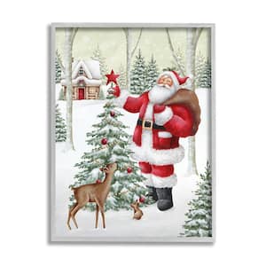 Santa and Snowy Cabin by Emma Leach 1 Piece Framed Graphic Print Nature Poster Art Print 30 in. x 24 in.