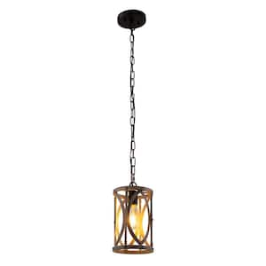 1-Light Farmhouse Wood Pendant Light, Metal Cage Hanging Lighting Fixture for Kitchen Island, Hallway, Foyer, Bedroom