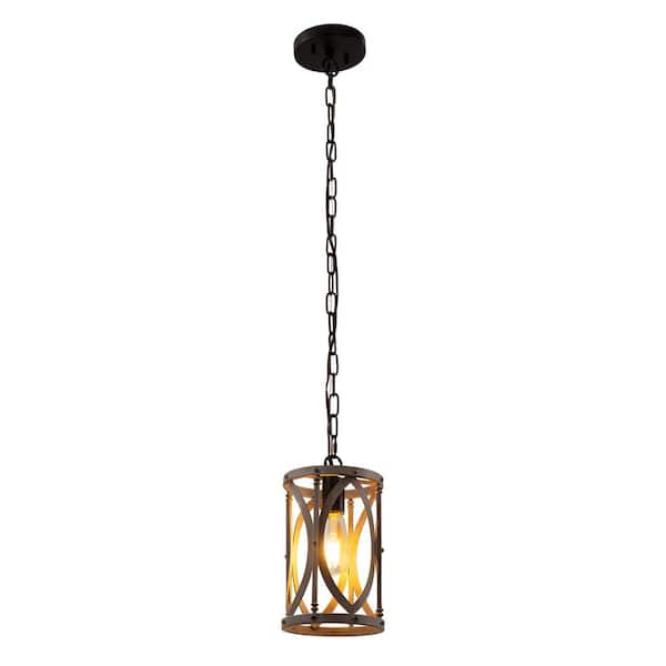 YANSUN 1-Light Farmhouse Wood Pendant Light, Metal Cage Hanging Lighting Fixture for Kitchen Island, Hallway, Foyer, Bedroom