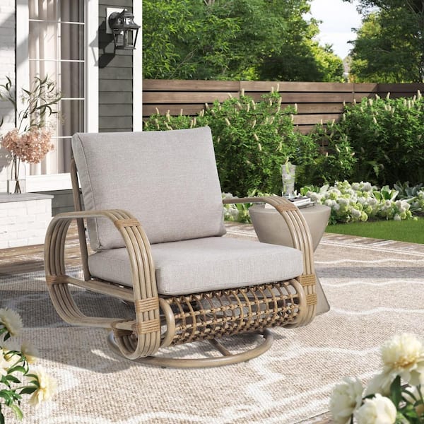 ULAX FURNITURE Arsterie 1-Piece Aluminum Outdoor Swivel Lounge Chair with Beige Cushions