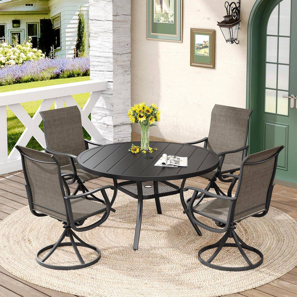 All Weather 5-Piece Metal Outdoor Patio Dining Set with 40.6 in. Black Round Table and 4 Brown Swivel Dining Chairs price history on PriceWatchPro