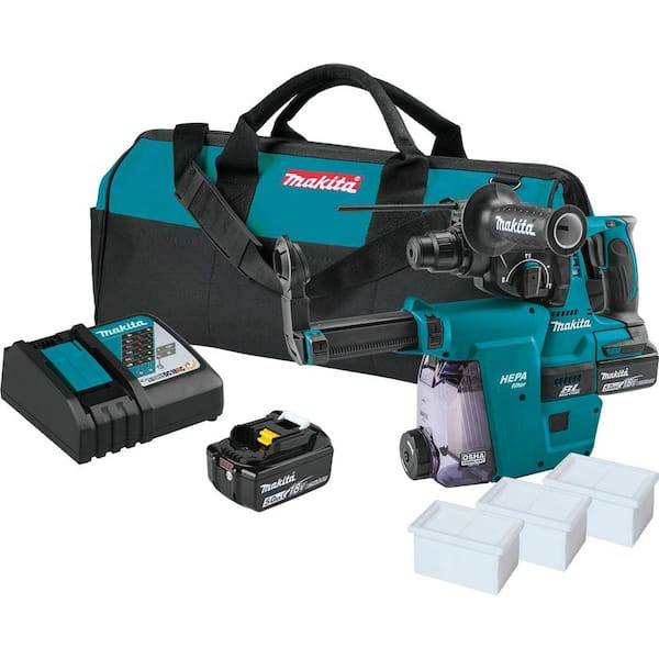 Makita 18V 5.0 Ah LXT Lithium-Ion Brushless 1 in. Cordless Rotary Hammer Kit, Accepts SDS-PLUS, HEPA Dust Extractor Attachment