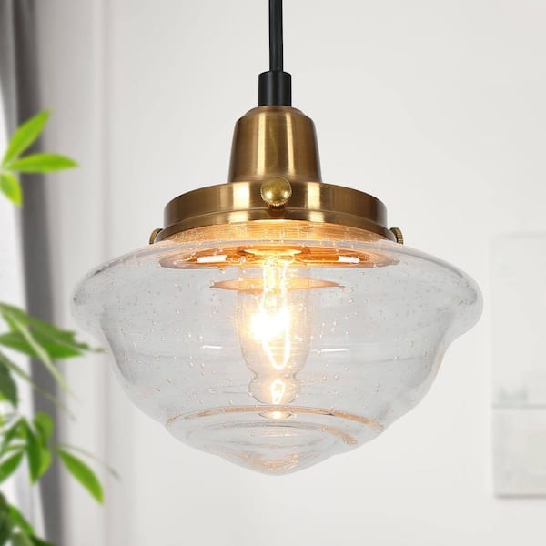 Modern Farmhouse 1-Light Matte Black and Polished Gold Mini Pendant Light with Seeded Schoolhouse Glass Shade