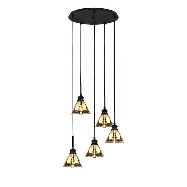 Unbranded Albany 60-Watt 19 in. 5-Light Espresso Cord Pendant Light Zion Art Glass Shade No Bulbs included