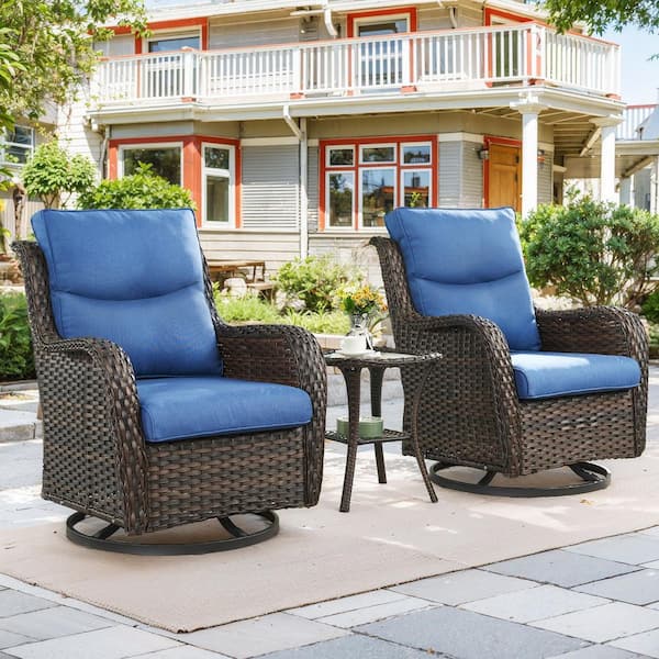 LunaCurve 3-Piece Brown Swivel Glider Wicker Outdoor Rocking Chair with 5 in. Olefin Navy Blue Cushions and Side Table