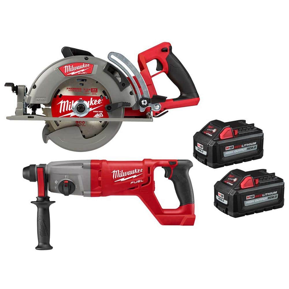 Milwaukee M18 FUEL 18V Lithium-Ion Cordless 7-1/4 in. Rear Handle Circ w/1 in. SDS-Plus Rotary Hammer, Two 6 Ah HO Batteries -  2830-2713-1862