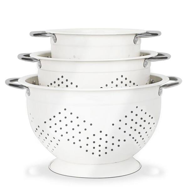 3-Piece Metal Colander Set with Stainless Steel Handle Food Strainers, Sturdy and Reliable, Multi Size and Space Saving