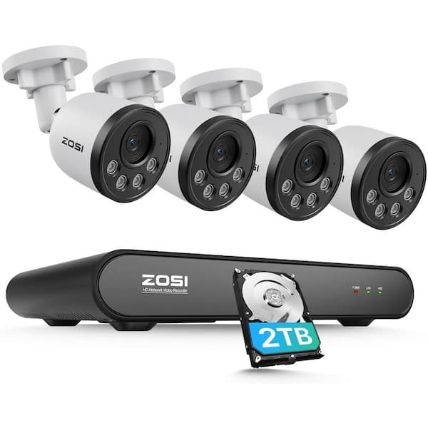ZOSI 8-Channel 5MP POE 2TB NVR Surveillance System with 4-Wired 4MP 25 FPS Outdoor Bullet Cameras, Human Detection