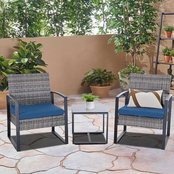Zeus & Ruta 3-Piece Gray Wicker Outdoor Bistro Set with Blue Cushions and Side Table for Porch Backyard