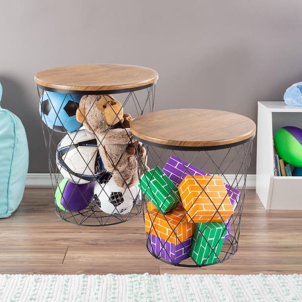Lavish Home 17.75 in. Brown Round Wood Top Wire Basket Nesting End Table with Storage Set of 2 80 ENDTBL 2 DIAMD BN