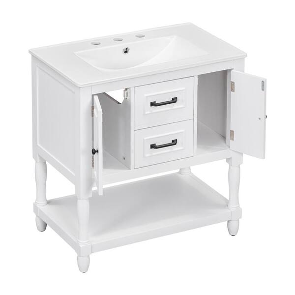 Aoibox 30 in. W x 18 in. D x 32 in. H White Bathroom Vanity Cabinet Single White Ceramic Sink Top, Solid Frame