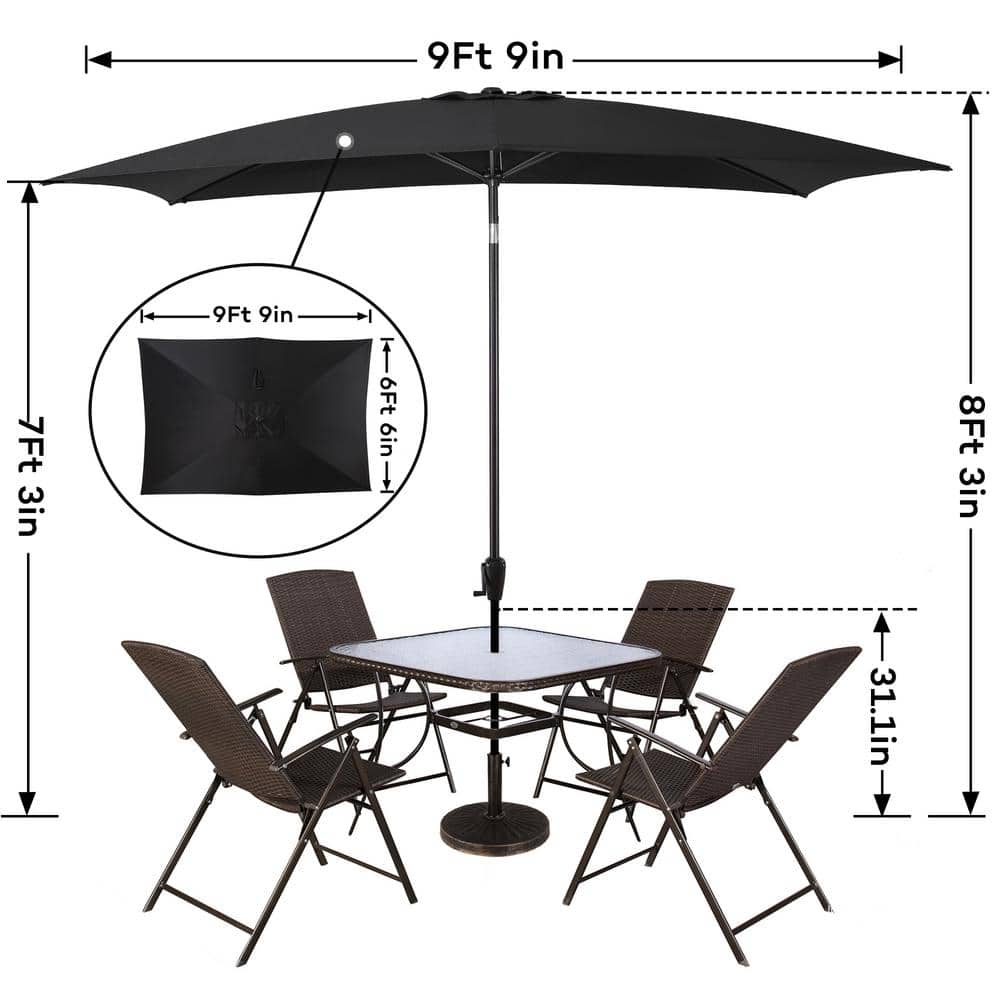 Black Rectangular Steel Market Patio Umbrella with Crank Lift and Push-Button Tilt