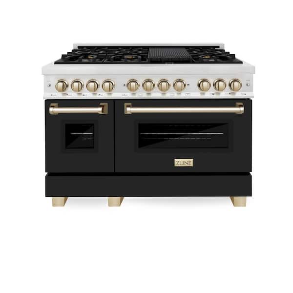 Autograph 48 in. Legacy Dual Fuel Range with 7 Burners and 2 Ovens in Satin Steel with Black and Gold Accents
