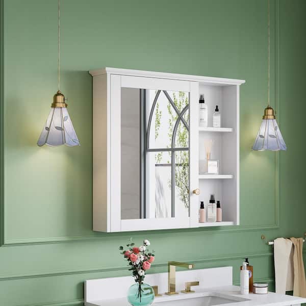 34 in. W x 30 in. H Assembled Solid Wood Surface Mount Bath Medicine Cabinet with Mirror in White, Rectangular