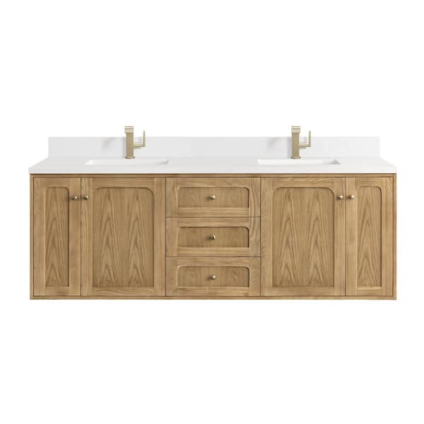 James Martin Vanities Laurent 72 in. W x 23.5 in. D x 34.2 in. H Double Bathroom Vanity in Light Natural Oak with White Zeus Quartz Top