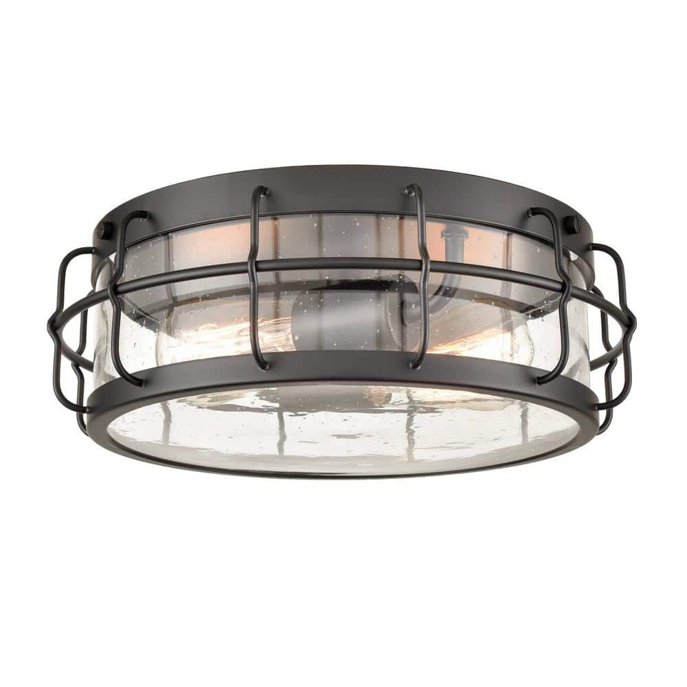 Black Industrial Drum Flush Mount Ceiling Light with Clear Glass Shade
