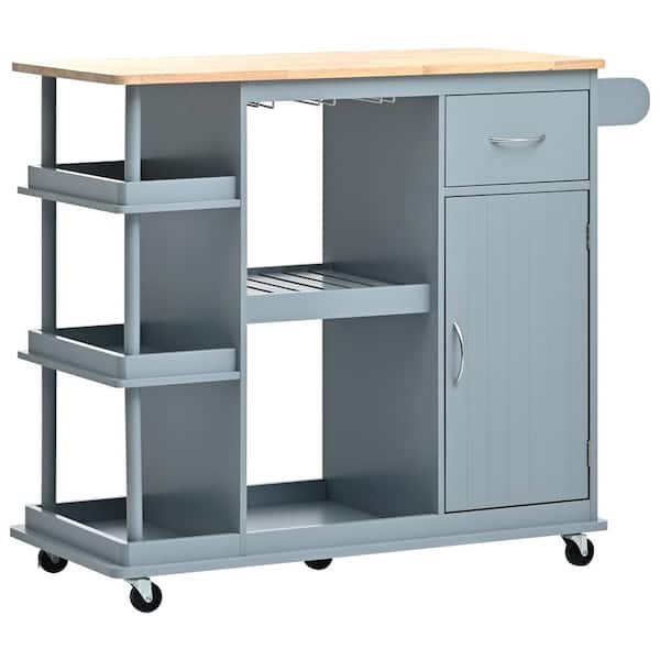 Unbranded Blue Rubber Wood 40 in. Kitchen Island with Side Storage Shelves, Adjustable Storage Shelves, 5 Wheels and Wine Rack