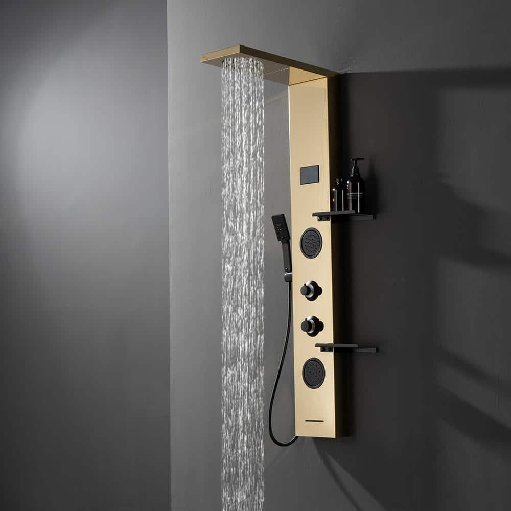 Gold and Black Stainless Steel Shower Panel System with Rainfall Shower Head
