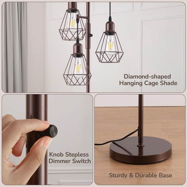 EDISHINE 69 in. Brown 3-Light Farmhouse Industrial Dimmable Tree