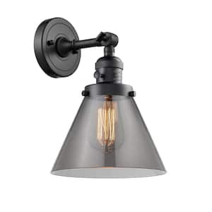 Cone 8 in. 1-Light Matte Black Wall Sconce with Plated Smoke Glass Shade with On/Off Turn Switch