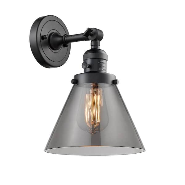 Innovations Cone 8 in. 1-Light Matte Black Wall Sconce with Plated Smoke Glass Shade with On/Off Turn Switch