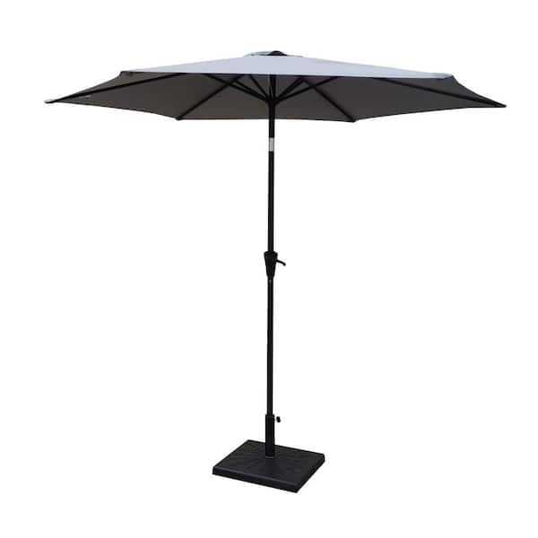 Zeus & Ruta 8.8 ft. Outdoor Aluminum Market Patio Umbrella with 42 lbs. Square Resin Umbrella Base Push Button in Gray