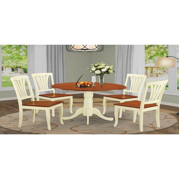 East West Furniture 5-Piece Round Buttermilk and Cherry Finish Solid Wood Top Dining table with 4 Chairs with Lattice Back