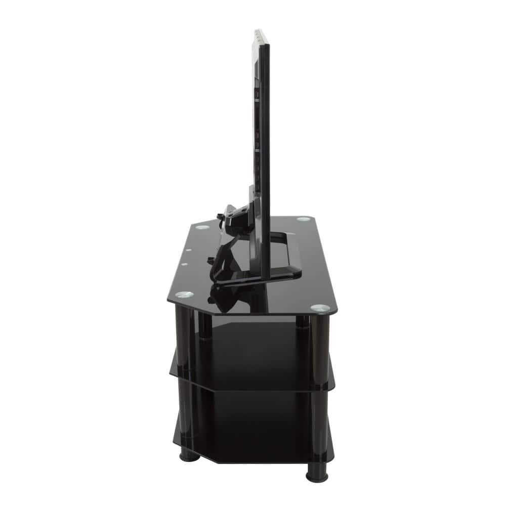 Side view of a black glass TV stand with a television.