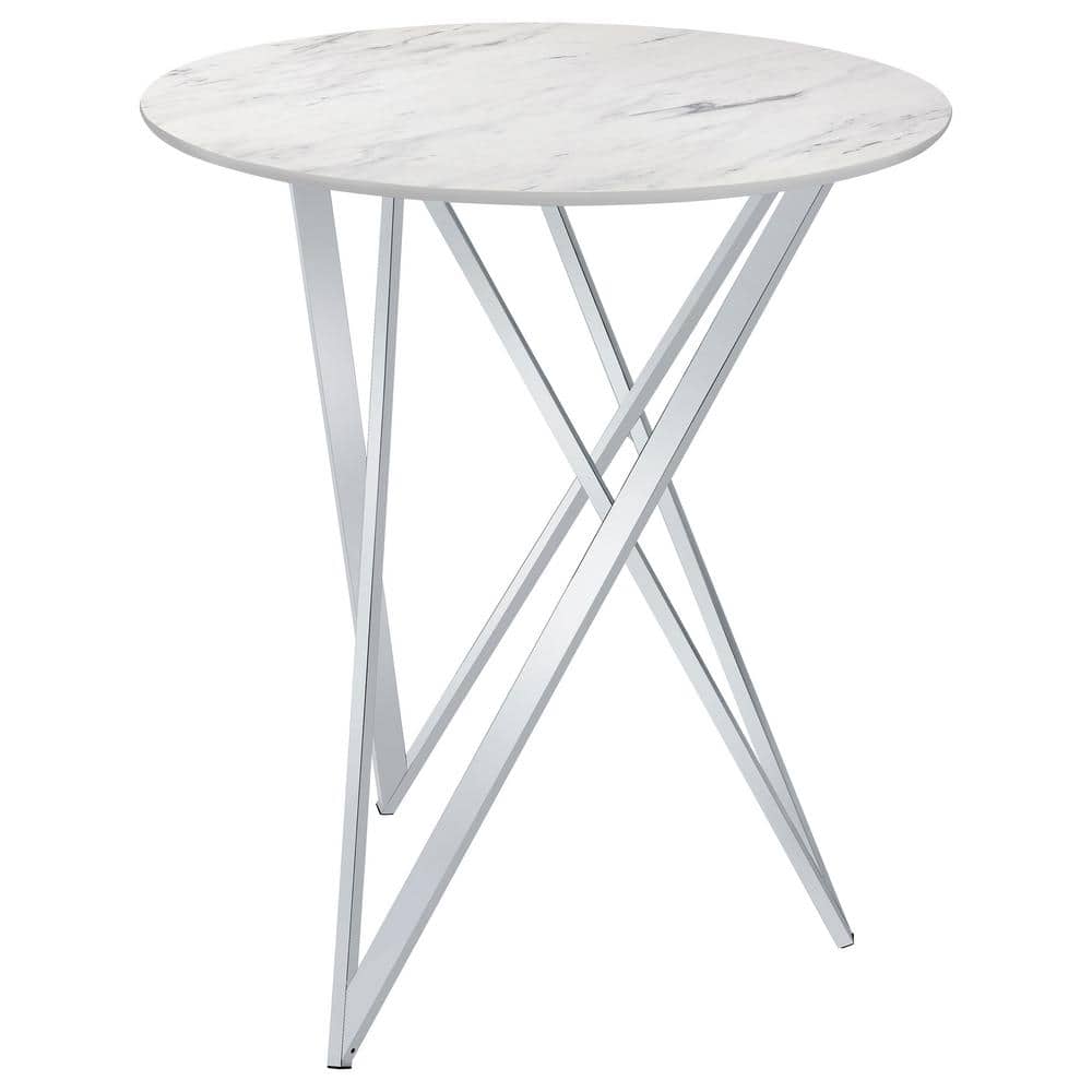 Round White Faux Marble Bar Height Table with Metal Base