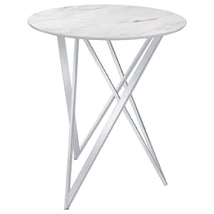 Bexter 35.25 in. Round White and Chrome Faux Marble Top Bar Table