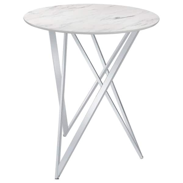 Coaster Bexter 35.25 in. Round White and Chrome Faux Marble Top Bar Table