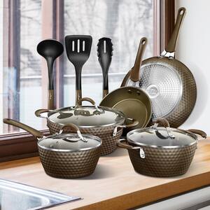 Diamond Pattern 11-Piece Reinforced Forged Aluminum Non-Stick Cookware Set in Coffee