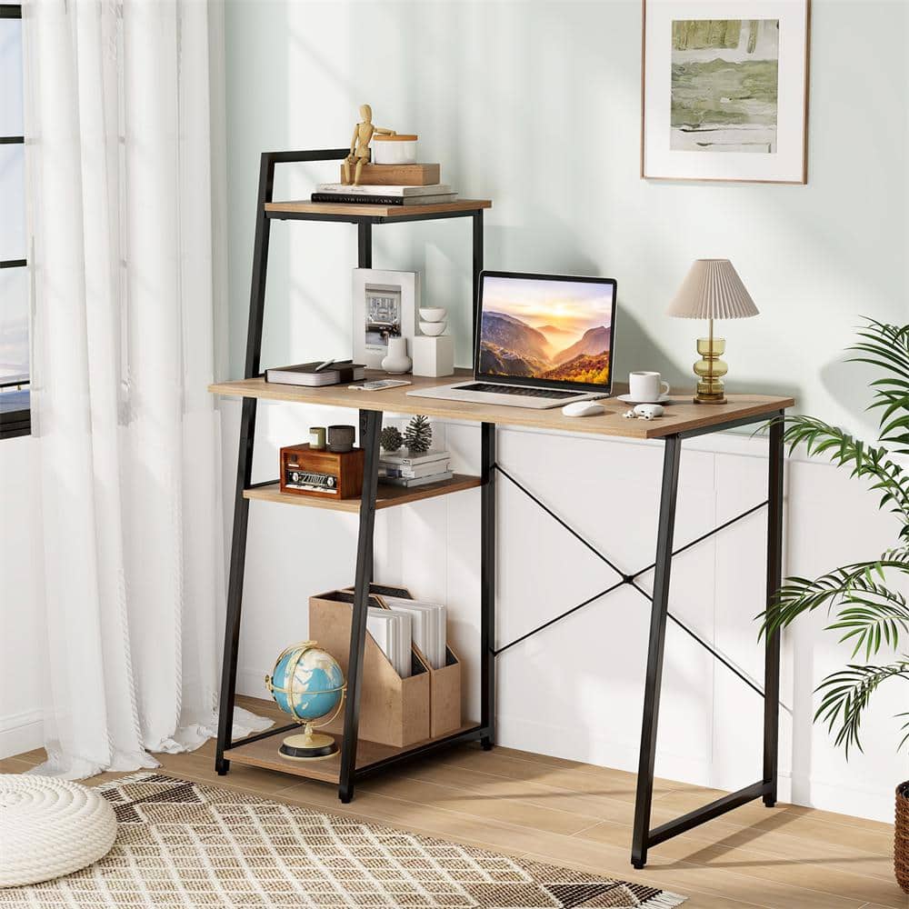 Natural Wood and Metal 4-Tier Computer Desk with Shelves