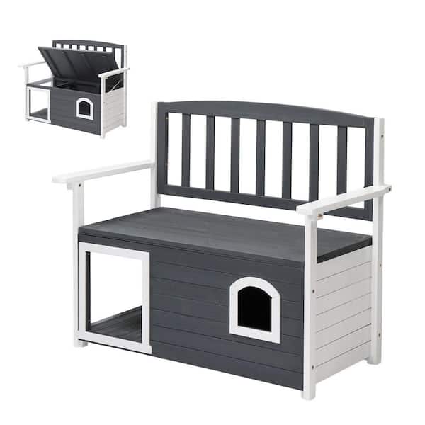 2-Person Solid Wood Outdoor Storage Bench with Built-in Dog House