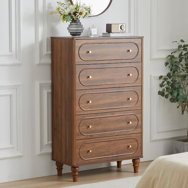 Retro Walnut 51.97 in. H Storage Cabinet with 5-Drawers