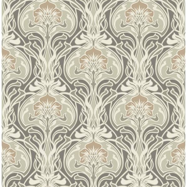 A-Street Prints Mucha Dark Grey Botanical Ogee Wallpaper Sample