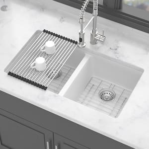 33 in. Undermount Double Bowl White Quartz Kitchen Sink with Bottom Grids