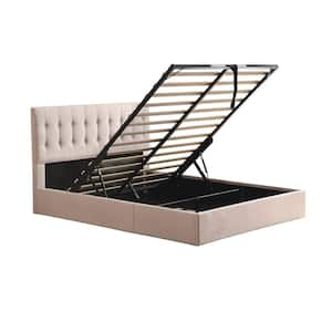 Light Khaki Beige Frame Queen Size Upholstered Platform Bed with Lift-up Storage Supported by Metal and Wooden Slats