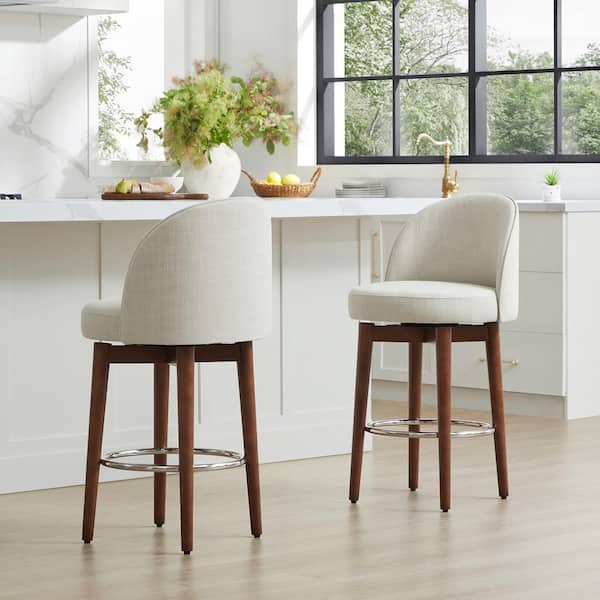 Spruce & Spring 26 in. Matti Linen High Back Wood Swivel Counter Stool with Fabric Seat (Set of 2)