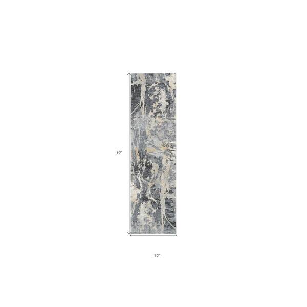 8' Ivory Black and Gray Abstract Distressed Runner Rug